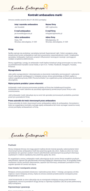 Szablon Kontraktu Ambasadora Marki - PDF Templates