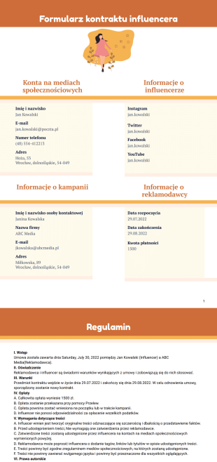 Szablon Kontraktu Influencera - Szablony PDF