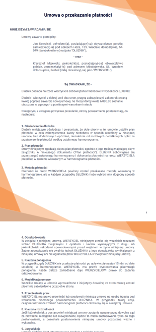 Szablon Umowy o Przekazanie Płatności - PDF Templates
