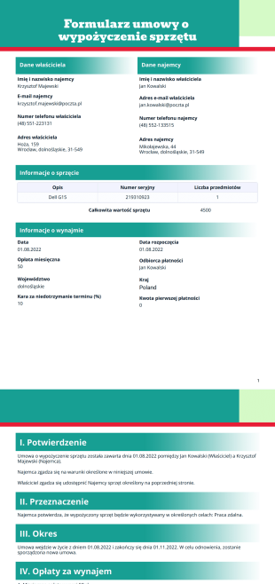 Szablon Umowy o Wypożyczenie Sprzętu - PDF Templates