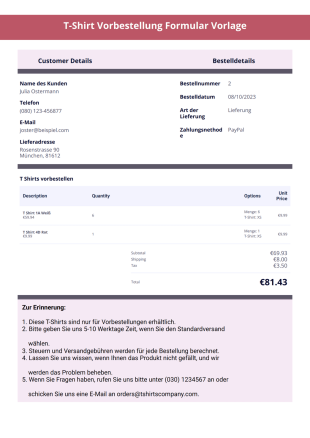 T Shirt Bestellbestätigung Vorlage - PDF-Vorlagen