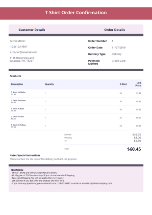 T Shirt Order Confirmation Template - PDF Templates