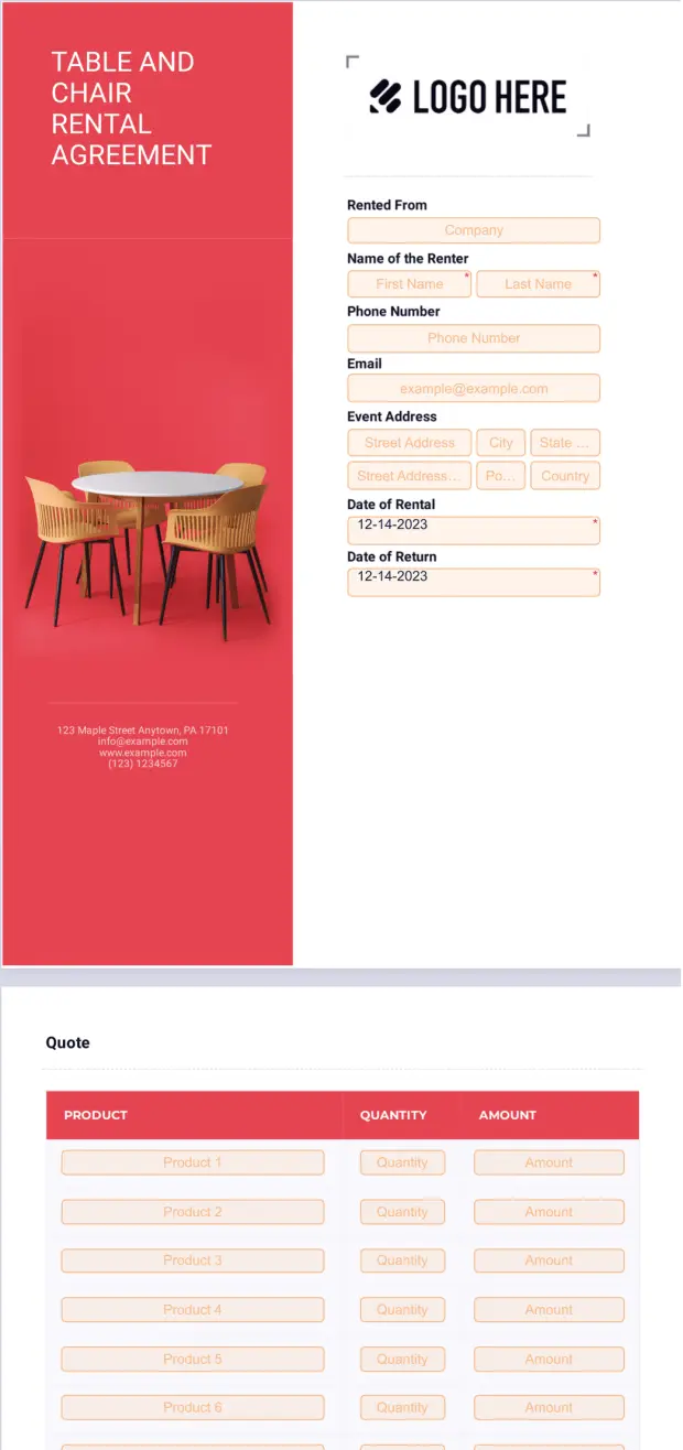 Table and Chair Rental Agreement Form