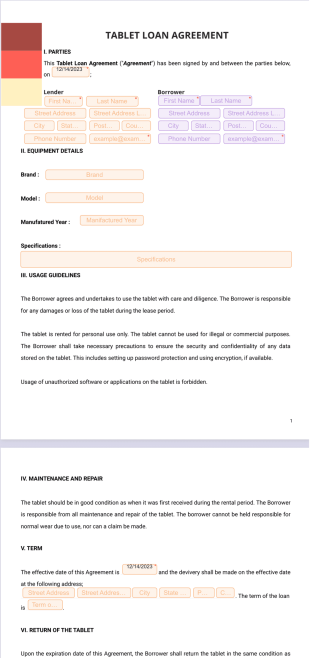 Tablet Loan Agreement Template - PDF Templates
