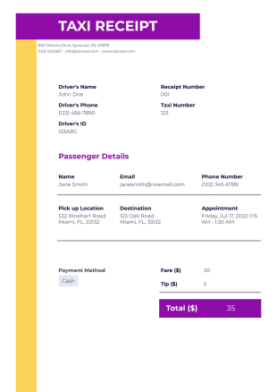 Taxi Receipt Template - PDF Templates