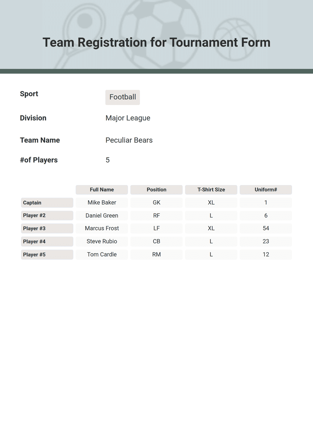Match Form Team Registration for Tournament Form PDF Template | Jotform