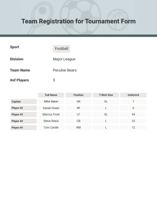Team Registration for Tournament Form PDF Template