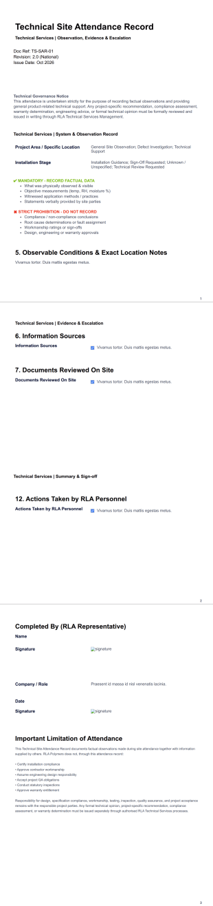 Technical Site Attendance Record RLA 2 PDF Template