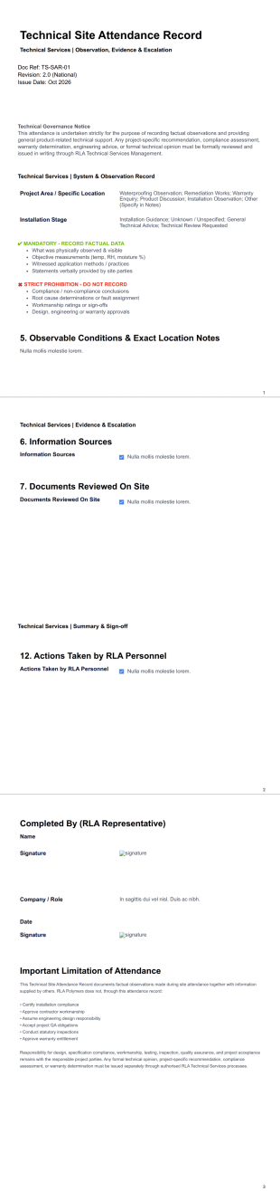 Technical Site Attendance Record RLA PDF Template