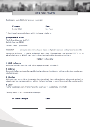 Tek Sayfa Kira Sözleşmesi Şablonu - PDF Şablonları