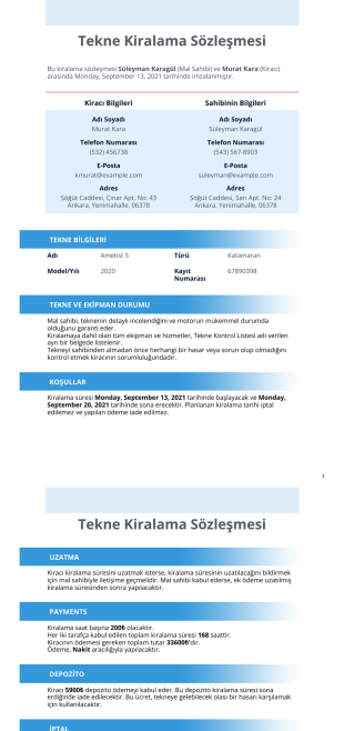 Tekne Kiralama Sözleşmesi - PDF Templates