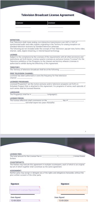 Television Broadcast License Agreement PDF Template