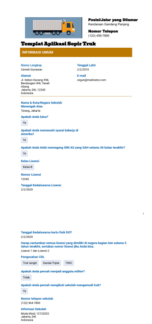 Templat Aplikasi Sopir Truk Template PDF
