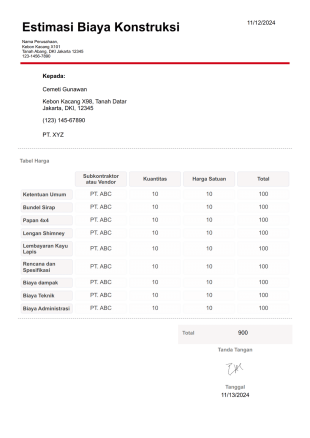 Templat Biaya Estimasi Konstruksi - PDF Templates