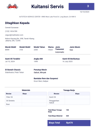 Templat Kuitansi Servis Mobil Template PDF