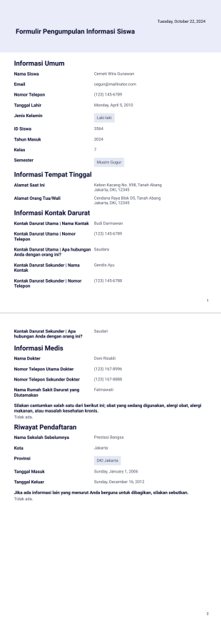 Templat Pengumpulan Informasi Siswa - PDF Templates