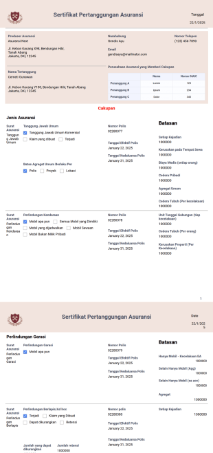 Templat Sertifikat Pertanggungan Asuransi Template PDF