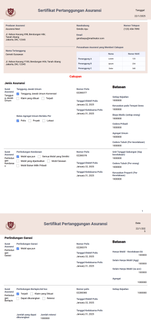 Templat Sertifikat Pertanggungan Asuransi Template PDF