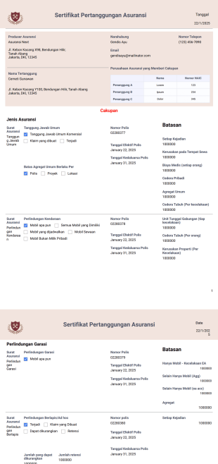 Templat Sertifikat Pertanggungan Asuransi Template PDF