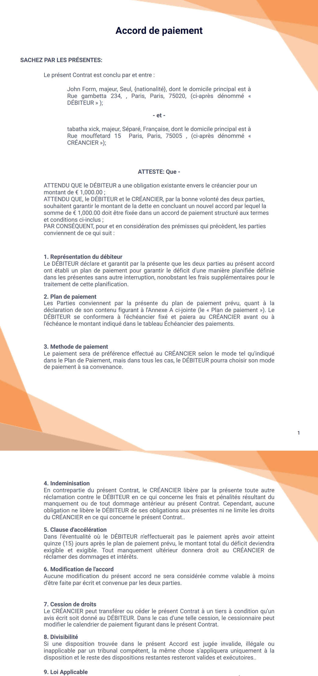 Template accord de paiement Modèle PDF | Jotform