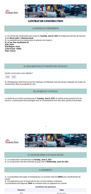 Template de contrat de construction gratuit Modèle PDF
