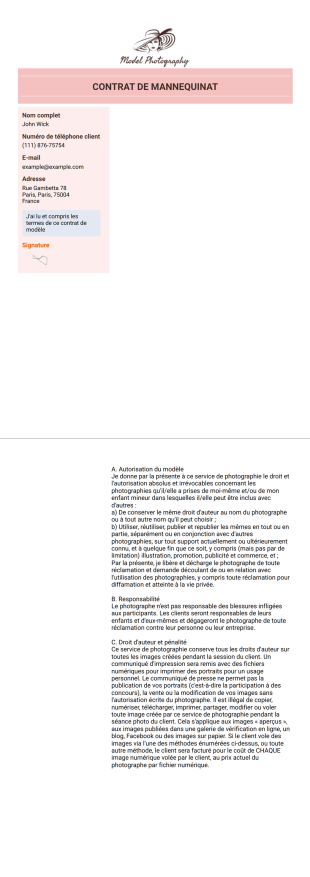 Template de contrat de mannequinat Modèle PDF