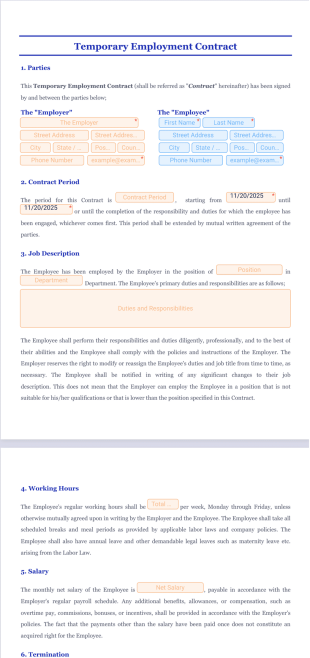 Temporary Employment Contract PDF Template