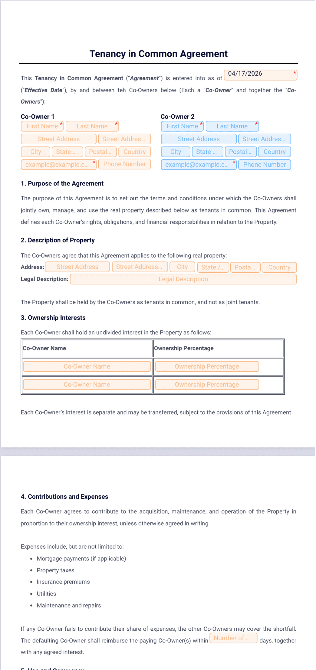 Tenancy in Common Agreement Template - PDF Templates | Jotform