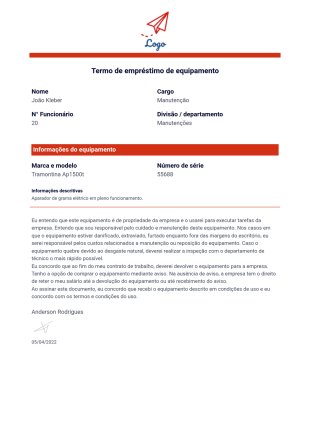 Termo de empréstimo de equipamento Modelo de PDF