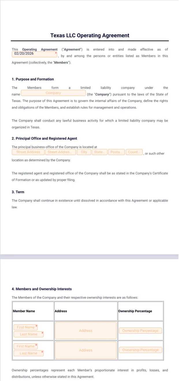 Texas LLC Operating Agreement Template PDF Templates Jotform