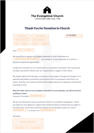 Thank you Letter for Donation to Church PDF Template