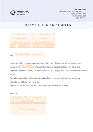Thank You Letter for Promotion PDF Template
