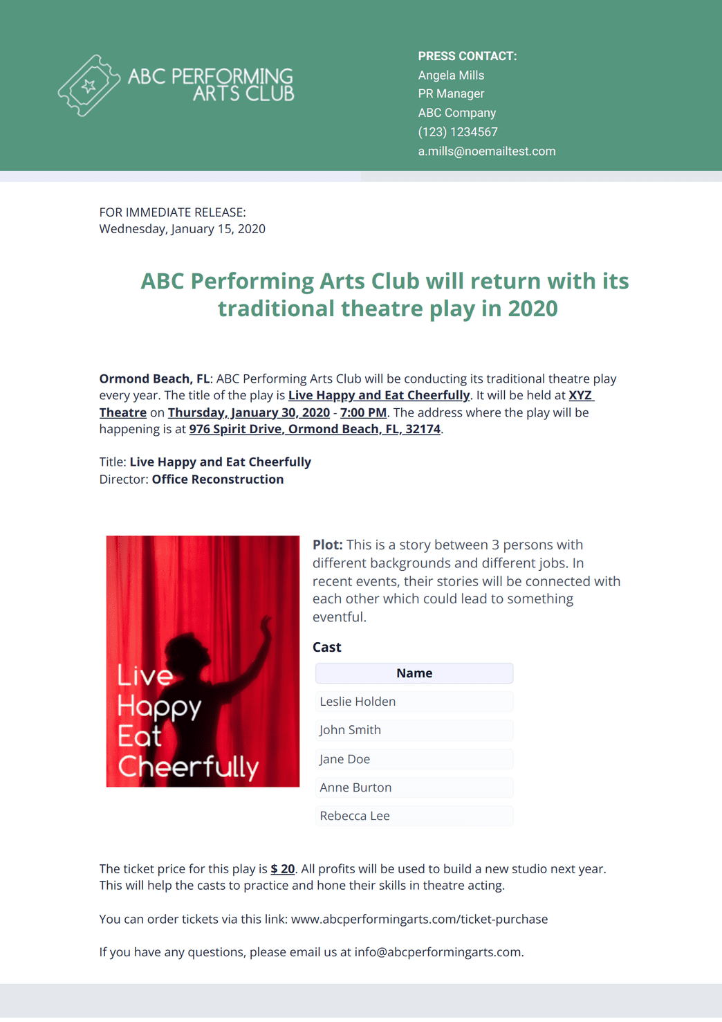 Theatre Press Release Template - PDF Templates | Jotform
