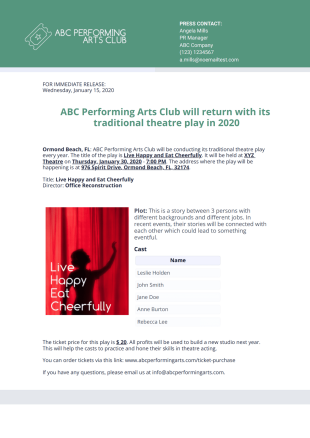 Theatre Press Release Template - PDF Templates