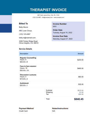 Therapist Invoice Template - PDF Templates