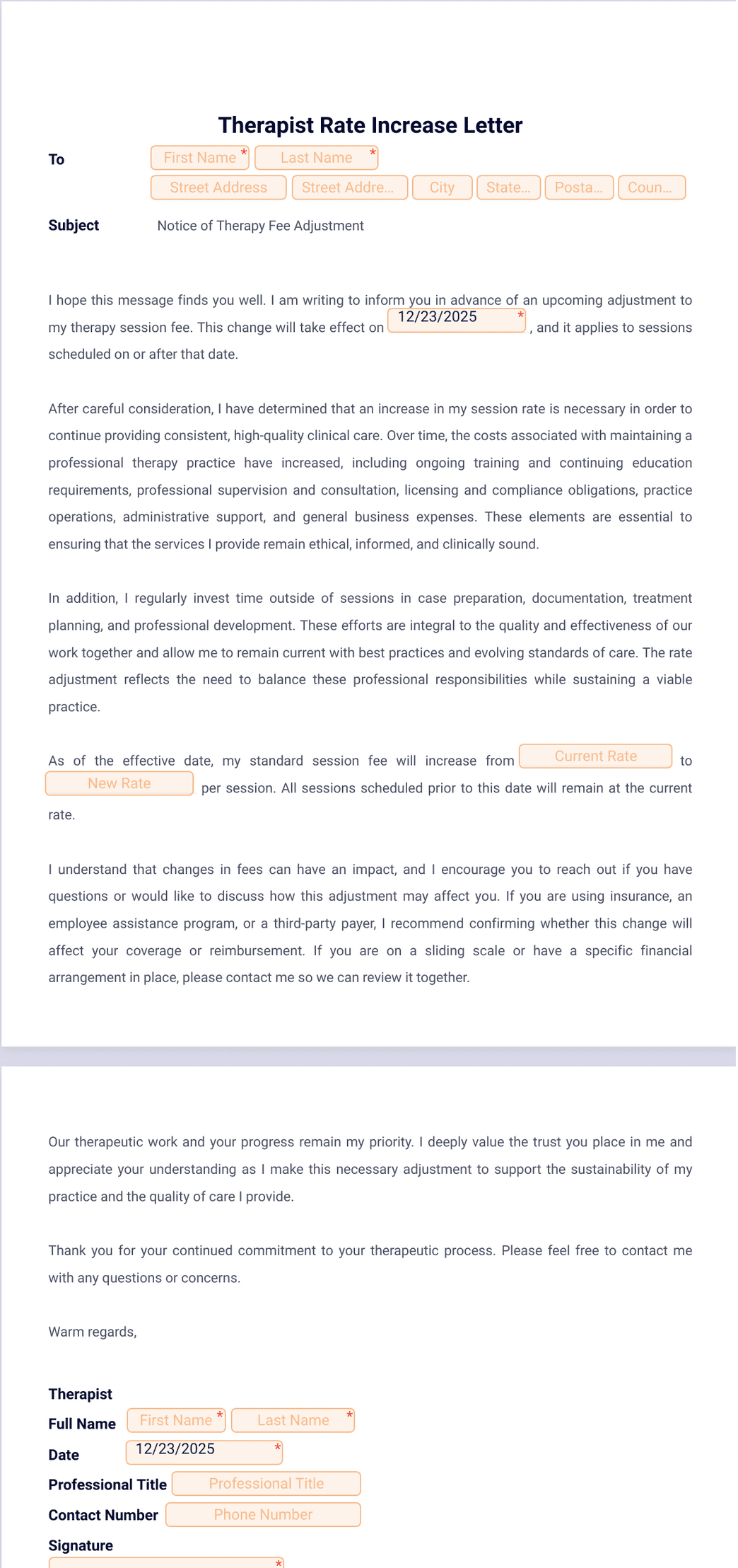 Rate Letter Therapist Rate Increase Letter Template - PDF Templates | Jotform