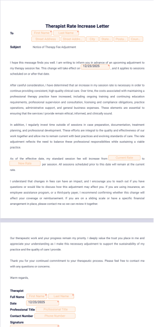 Therapist Rate Increase Letter Template - PDF Templates