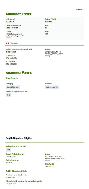 Anamnez Şablonu - PDF Şablonları