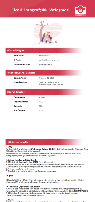 Ticari Fotografçılık Sözleşmesi Şablonu - PDF Templates