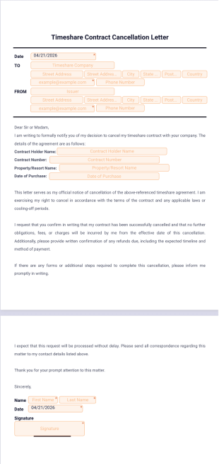 Timeshare Contract Cancellation Letter Template - PDF Templates