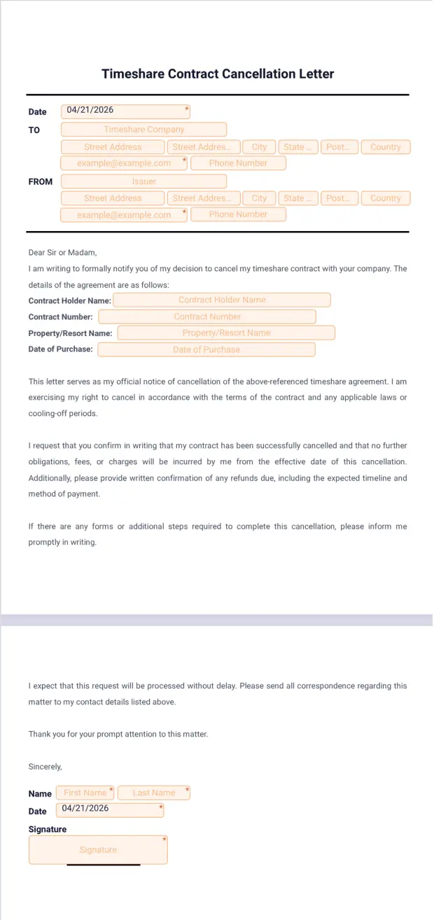 Timeshare Contract Cancellation Letter Template