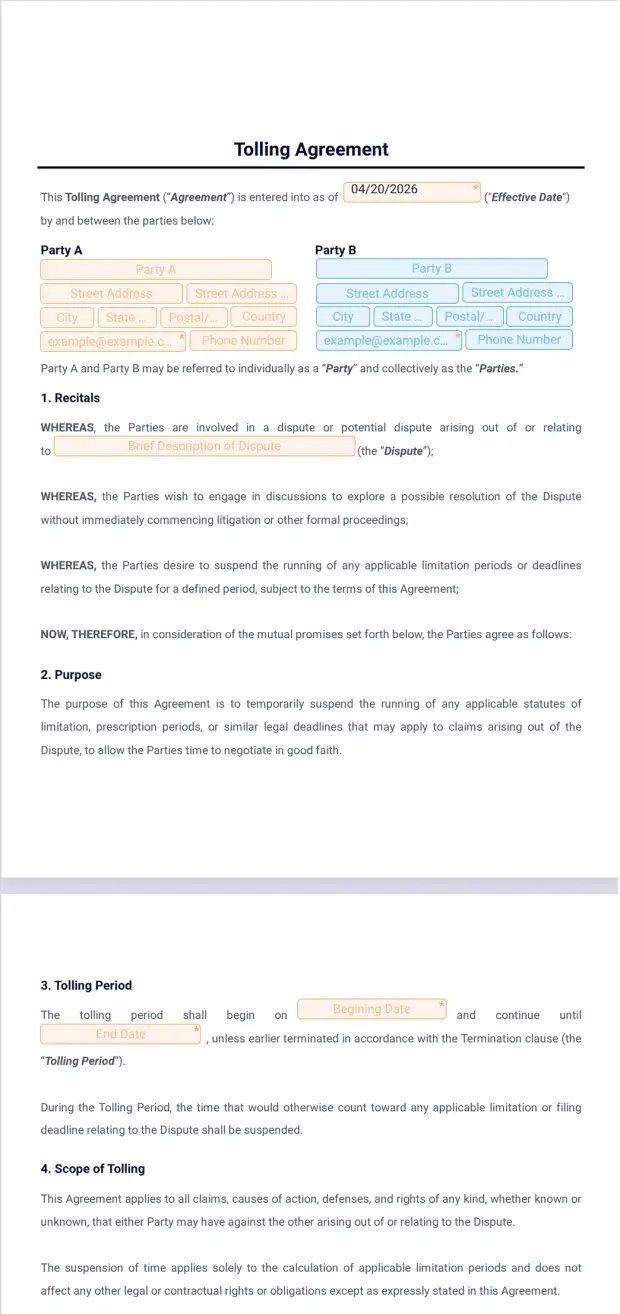 Tolling Agreement Template PDF Templates Jotform