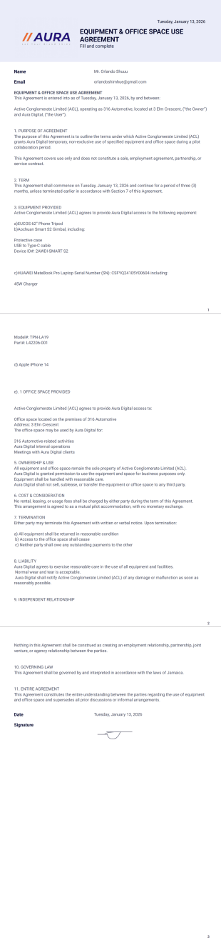 Tools & Space Usage Agreement PDF Template
