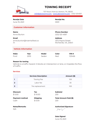 Towing Receipt Template - PDF Templates