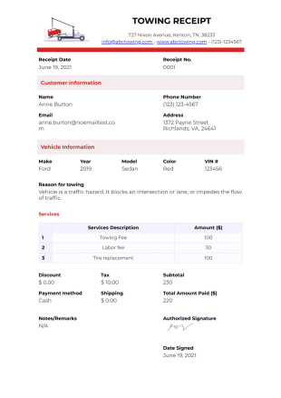 Towing Receipt Template - PDF Templates