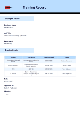 Training Record Template - PDF Templates