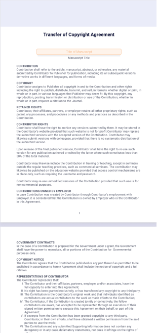 Transfer of Copyright Agreement PDF Template