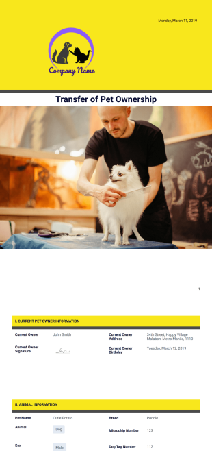 Transfer of Pet Ownership Template - PDF Templates