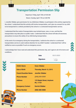 Transportation Permission Slip Template - PDF Templates