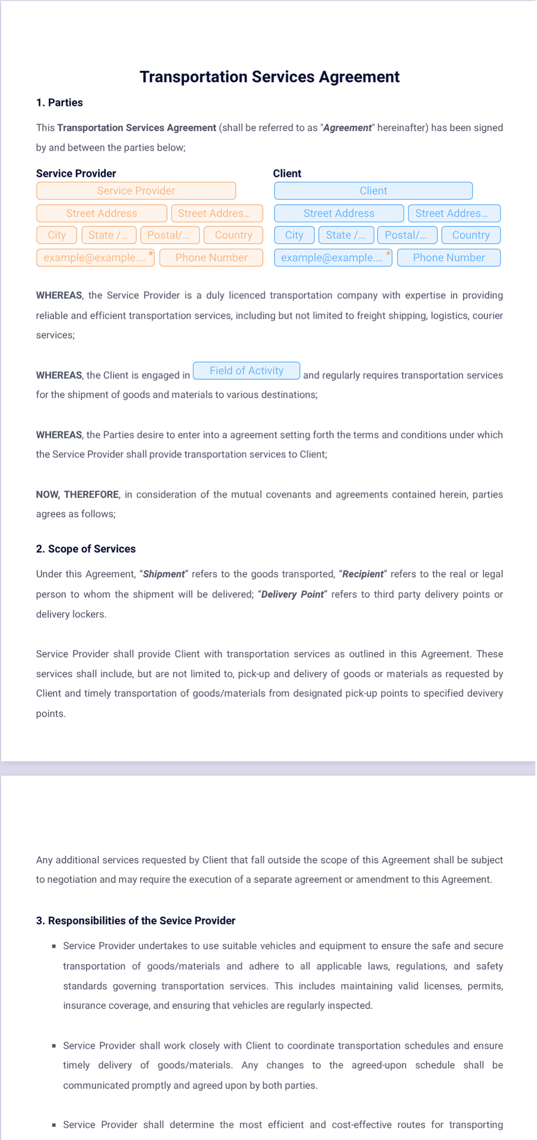 Transportation Services Agreement PDF Template | Jotform